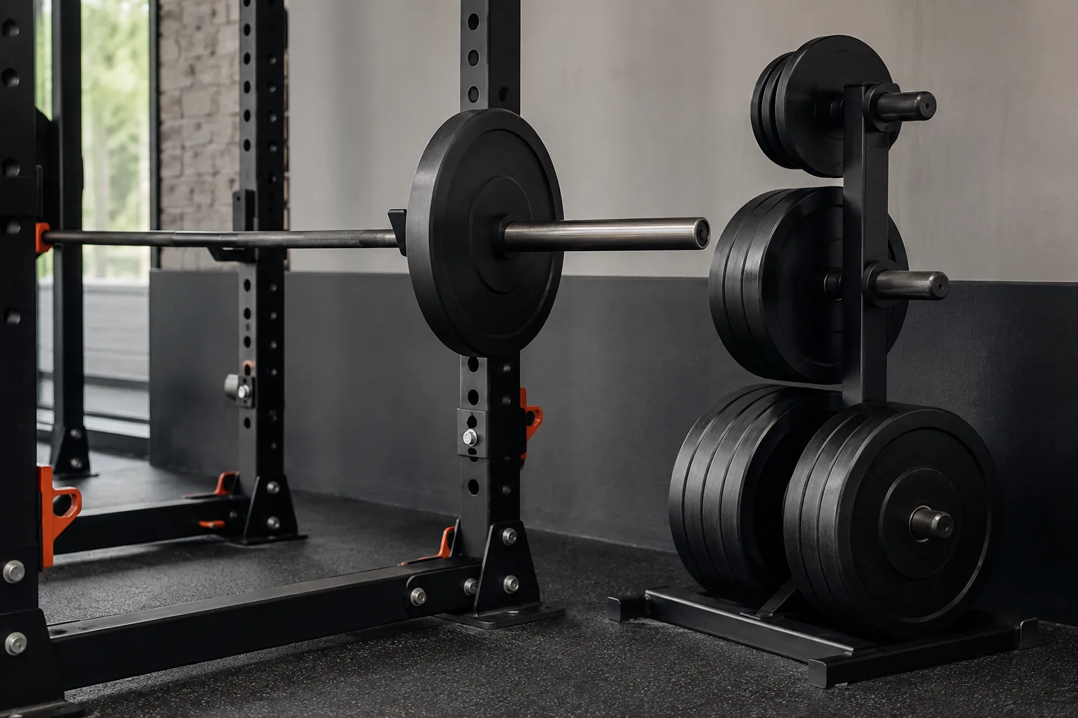 Barbell in a rack beside neatly organized bumper plates